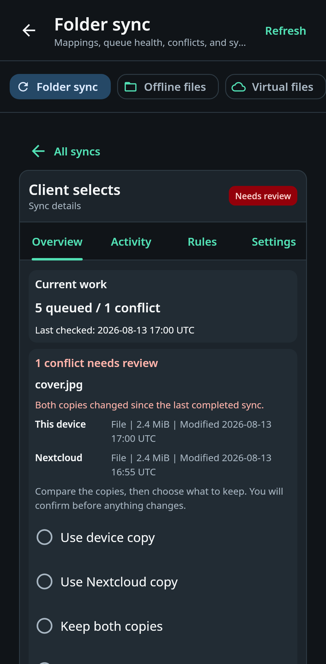 nati.ve Android folder-sync center showing pair direction, queued work, last check, background schedule, conflicts, failures, and recovery actions