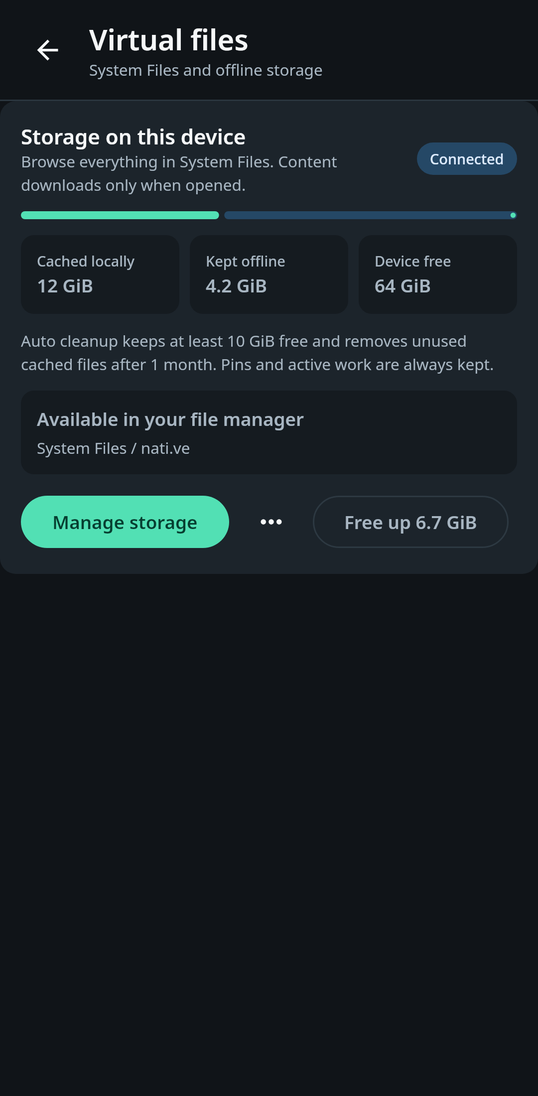nati.ve Android virtual-file storage view showing the System Files provider, cache usage, protected offline pins, free space, and cleanup policy